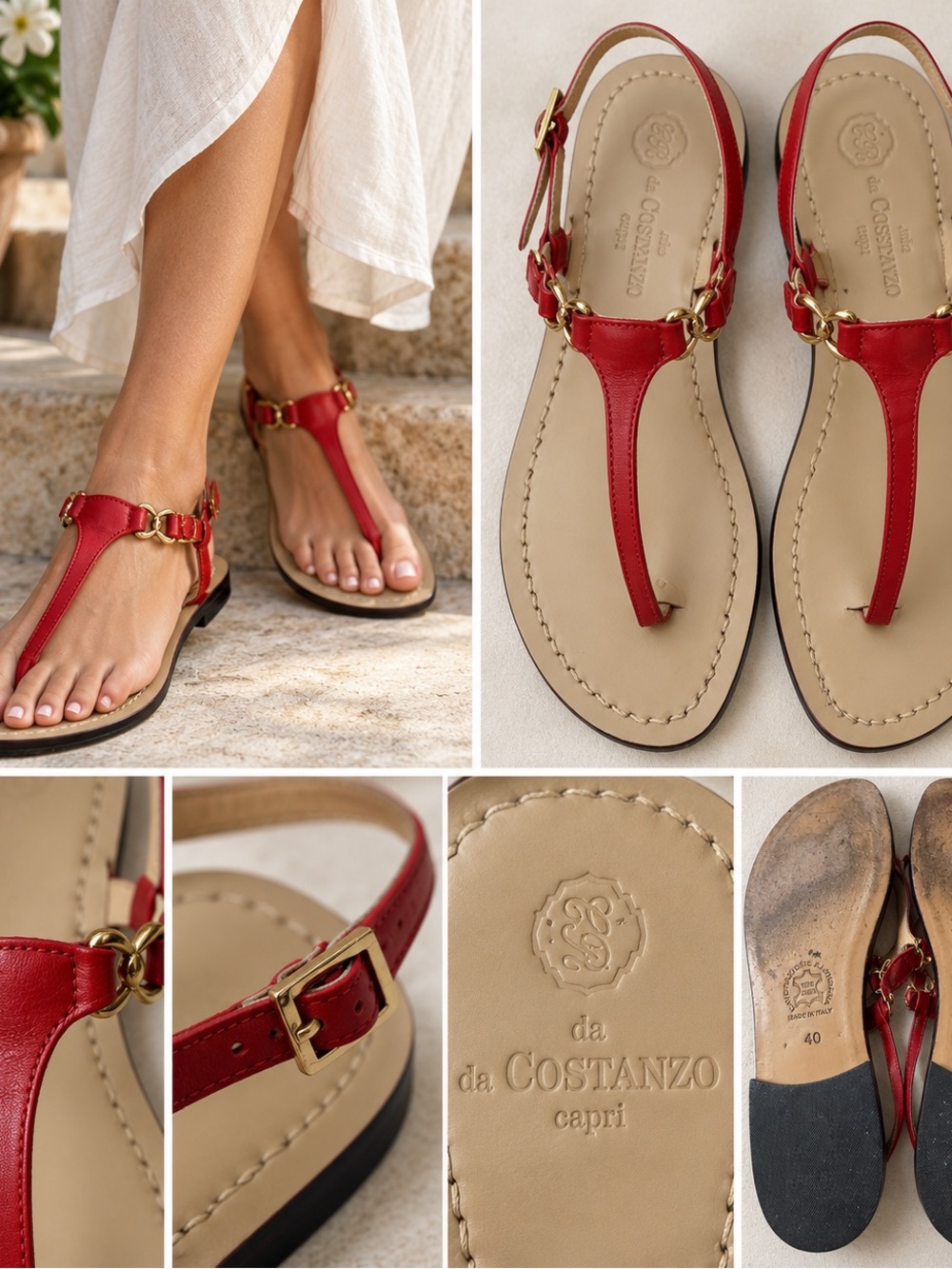 La Costanzo Capri Red Leather Gold Hardware T-Strap Sandals Made in Italy Sz 40